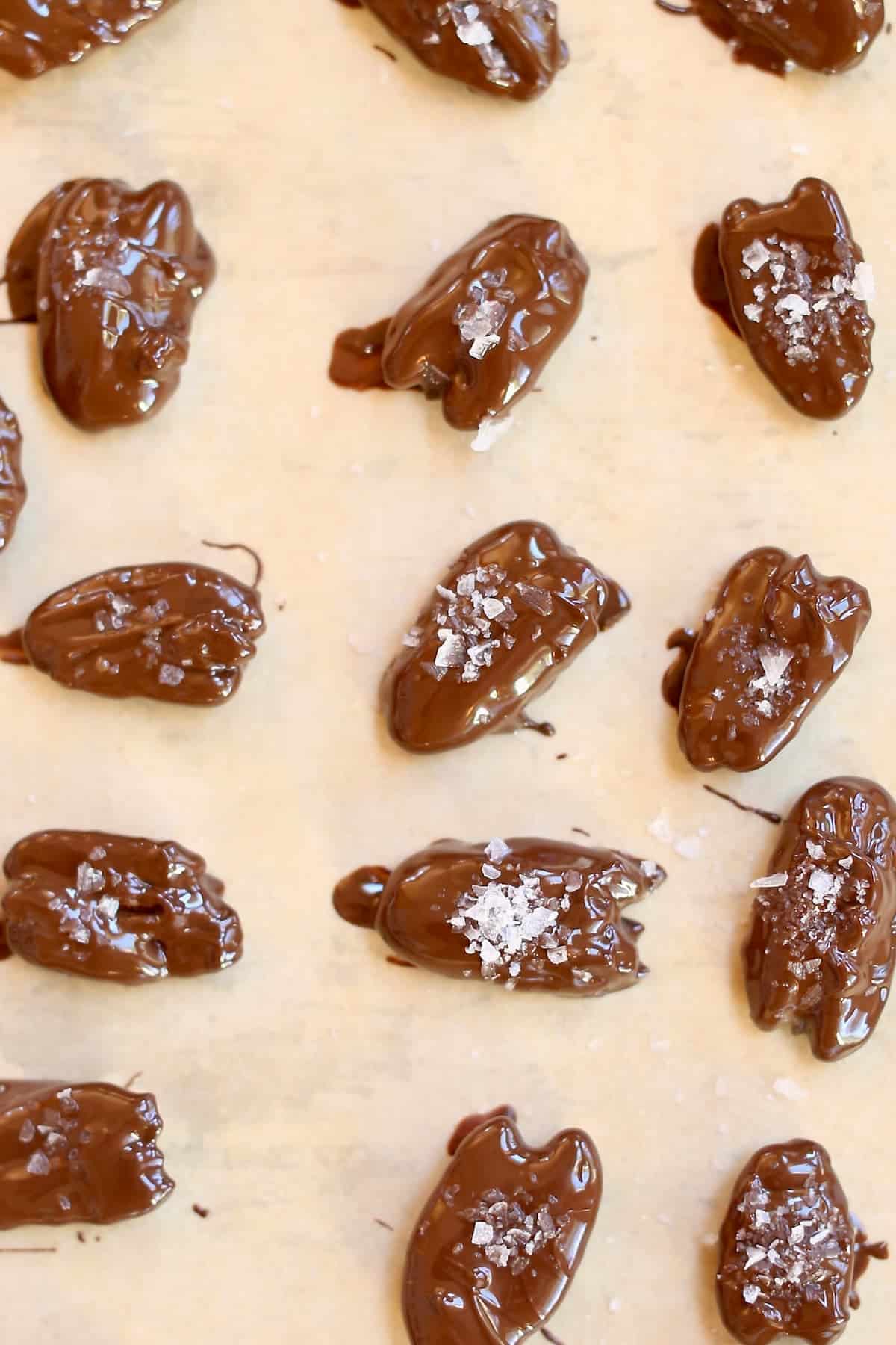 an overhead close up photo of chocolate pecans.