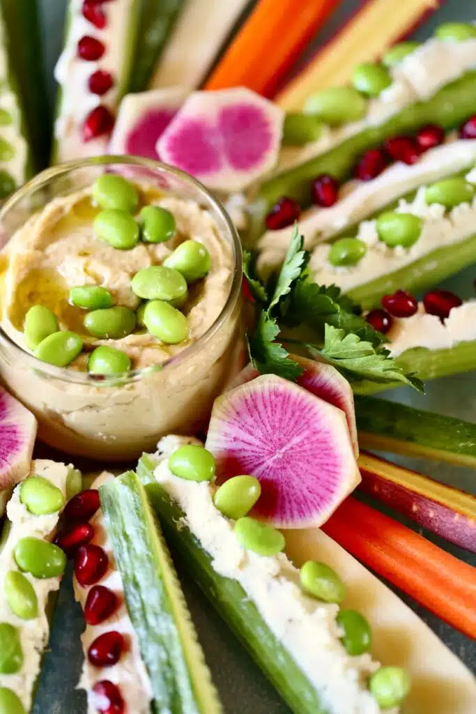 a close up photo of a veggie tray.