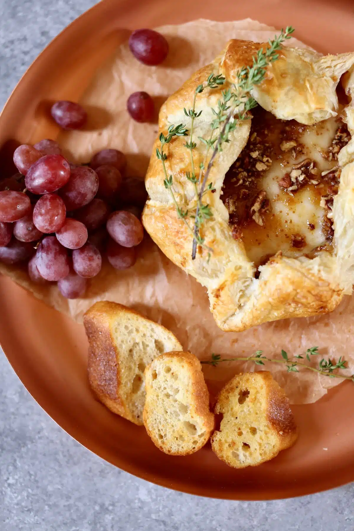 an overhead photo of baked brie.