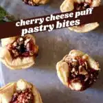 a photo of cheese puff pastry bites with text overlay saying the recipe name.