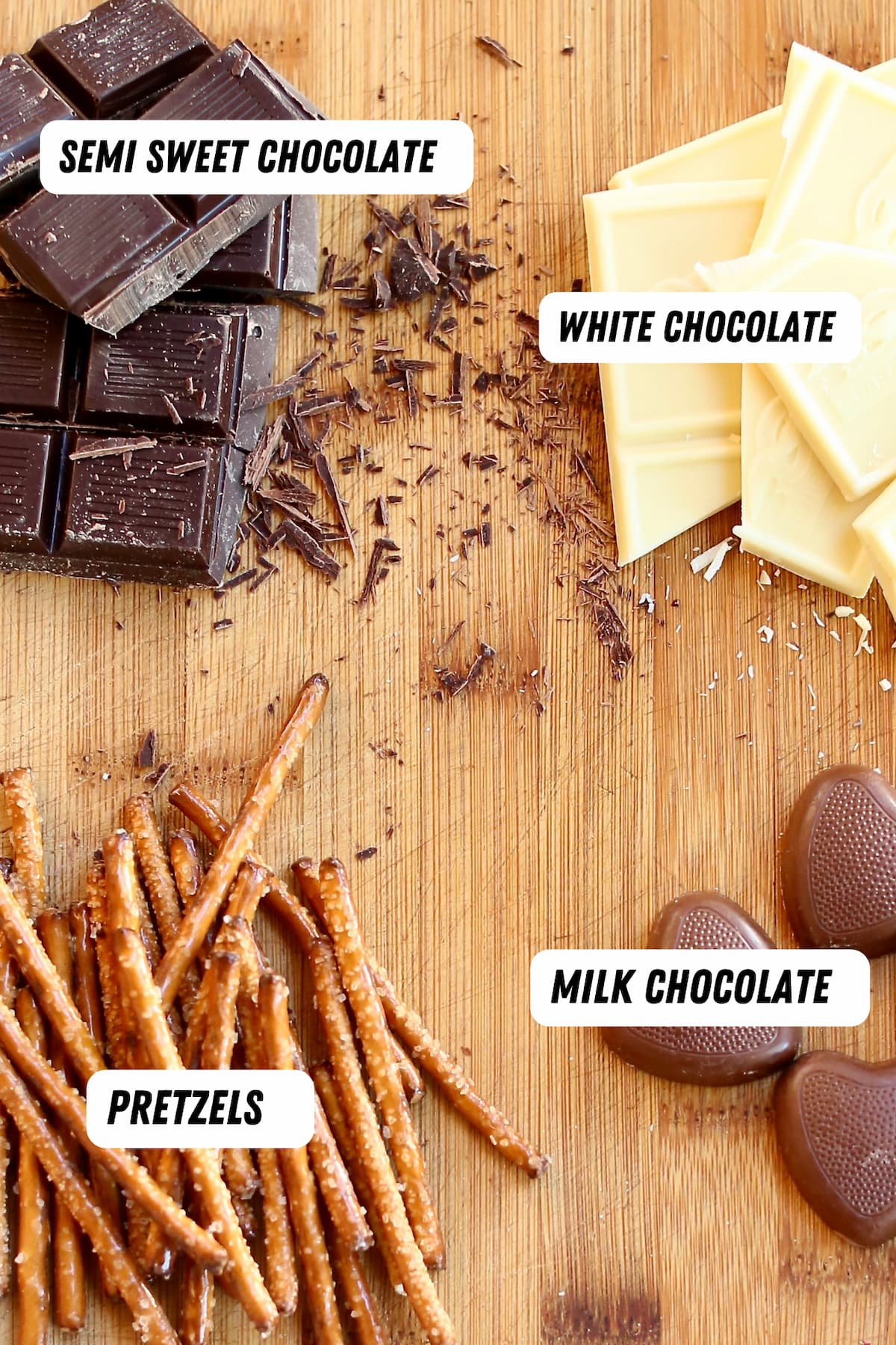 ingredients for chocolate bark and pretzels.