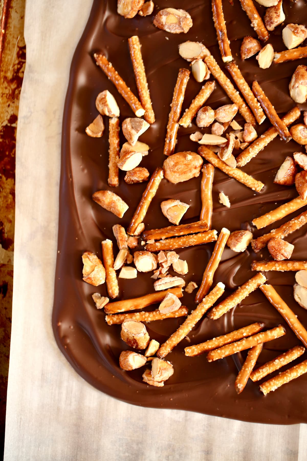 a tray of chocolate bark pretzels.