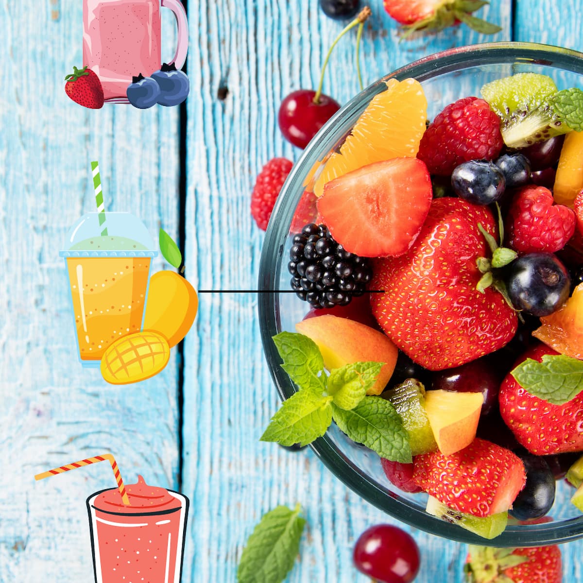 a photo of fresh fruit and smoothies on a blue board.