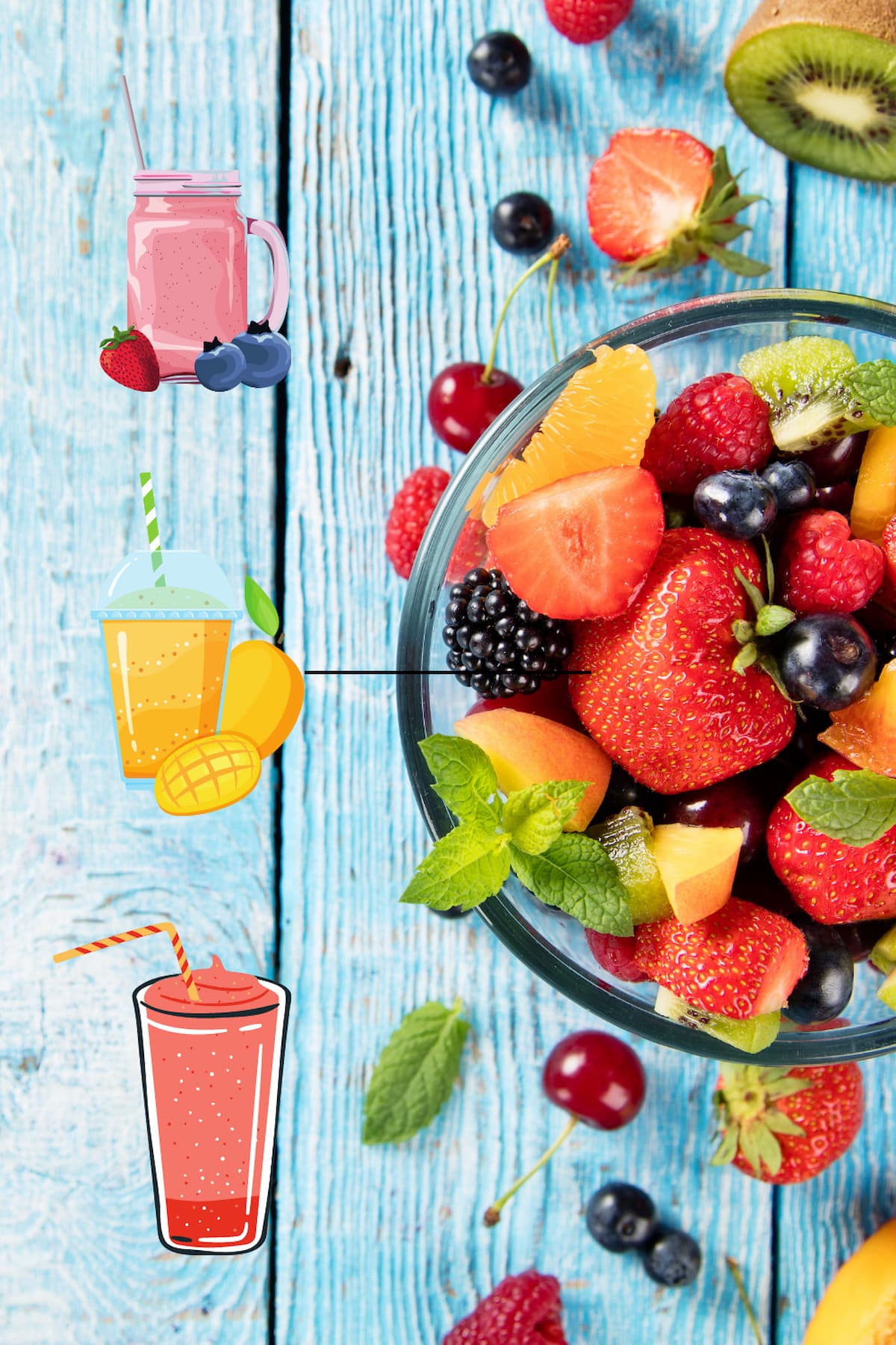 a photo of smoothies and fresh fruit on a blue table. 