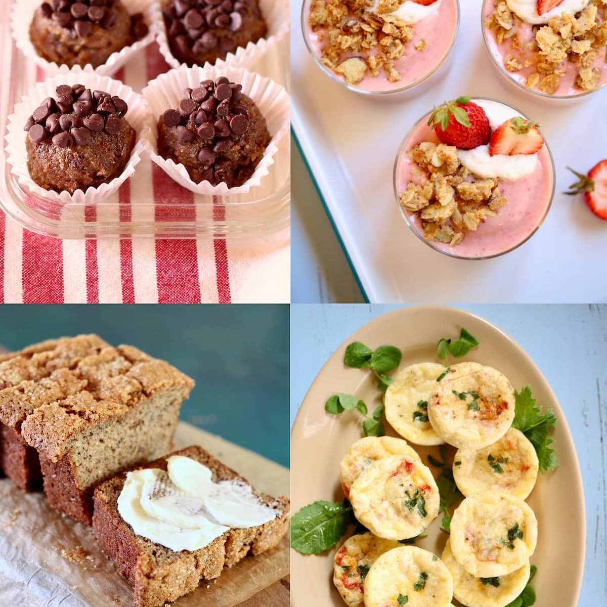 a square image of four photos, each of breakfast foods.