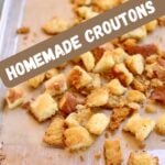 a sheet pan of croutons, with text overlay saying the recipe name.