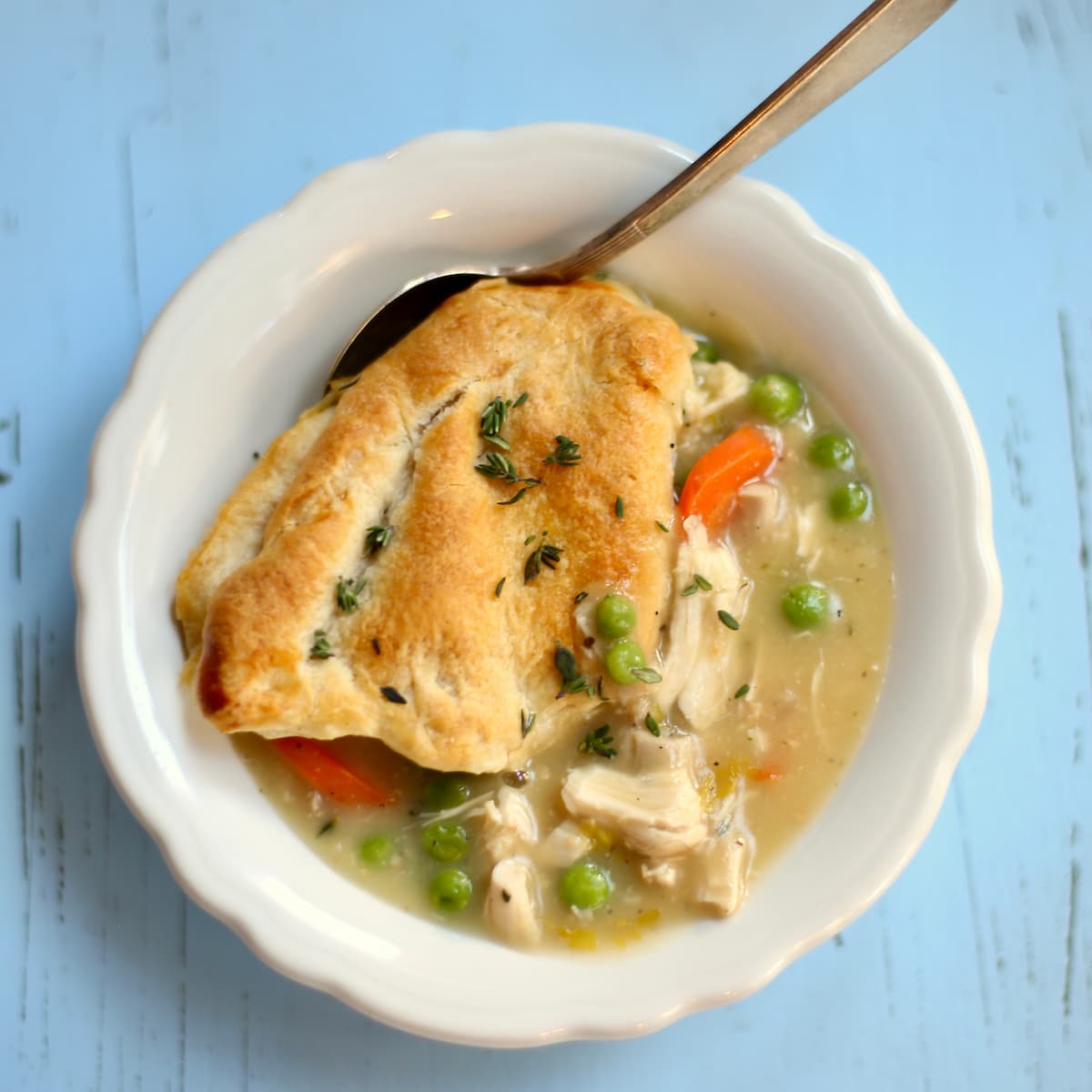 an overhead square image of chicken pot pie.
