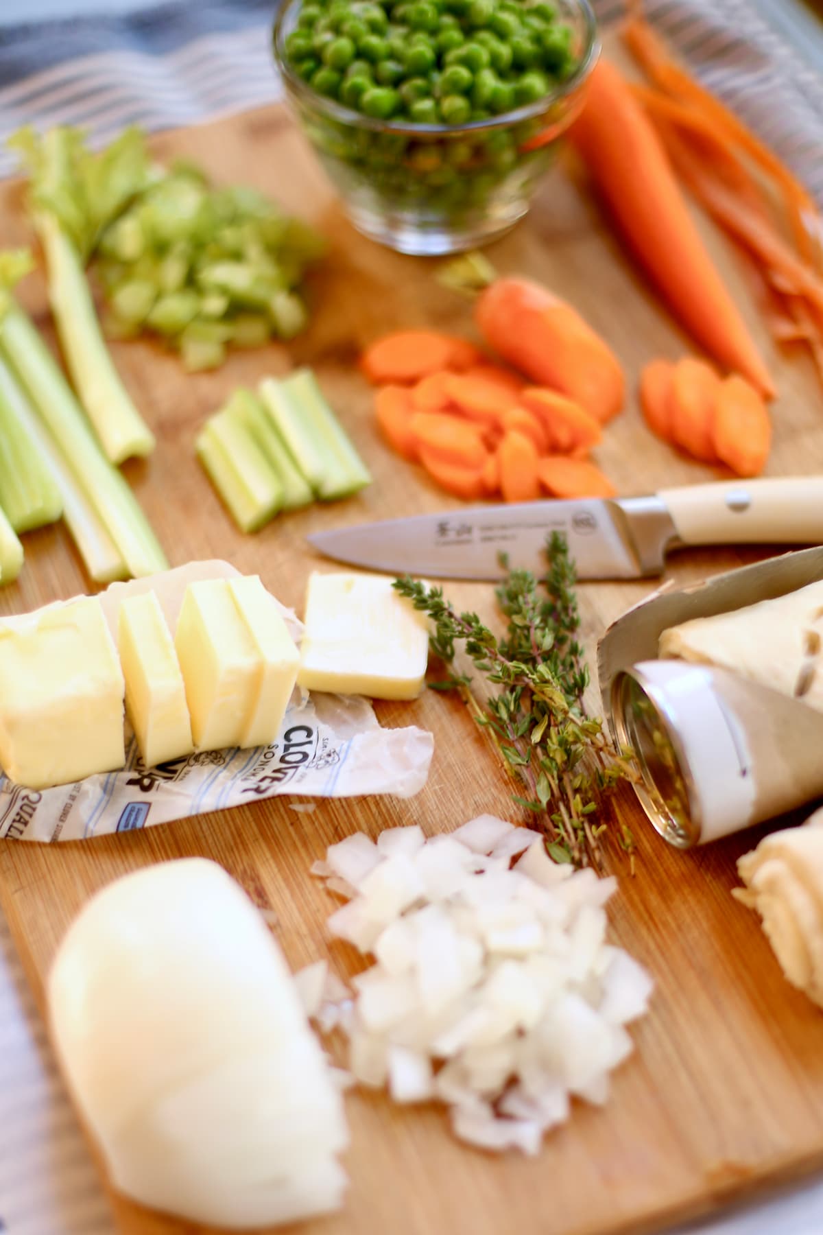 an image of ingredients being prepped for chicken pot pie.