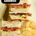 an overhead close up image of a club house sandwich with text overlay.