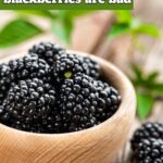 a bowl of blackberries in a wooden bowl with text overlay.