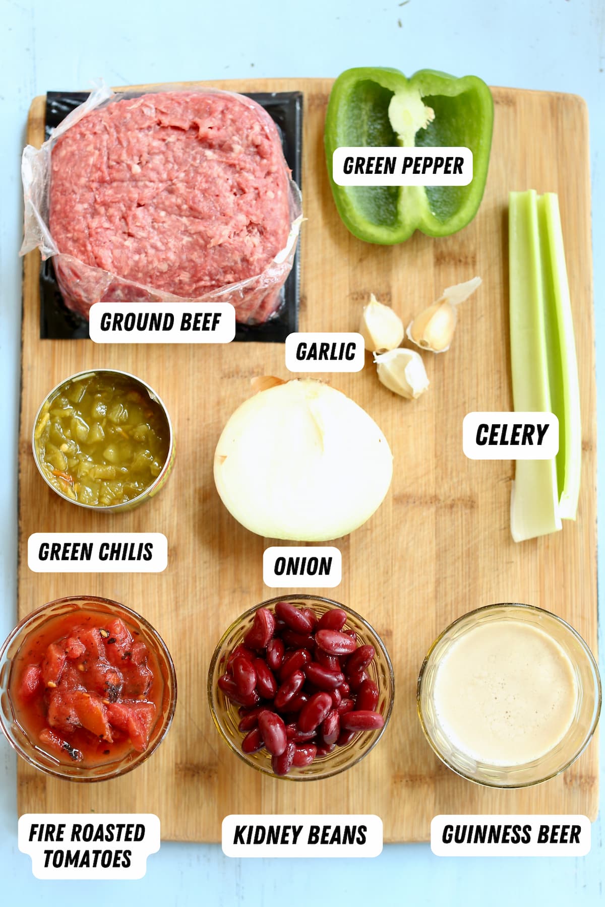 an overhead photo of ingredients for irish chili.