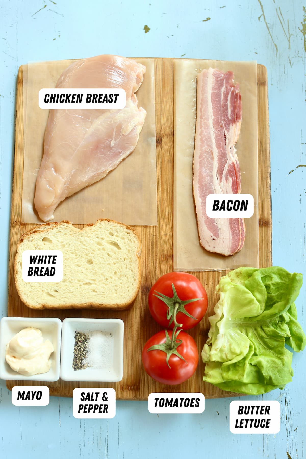 an overhead photo with captions of ingredients needed for a clubhouse sandwich.