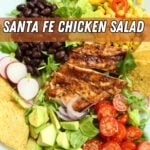 an overhead of a chicken salad with text overlay.
