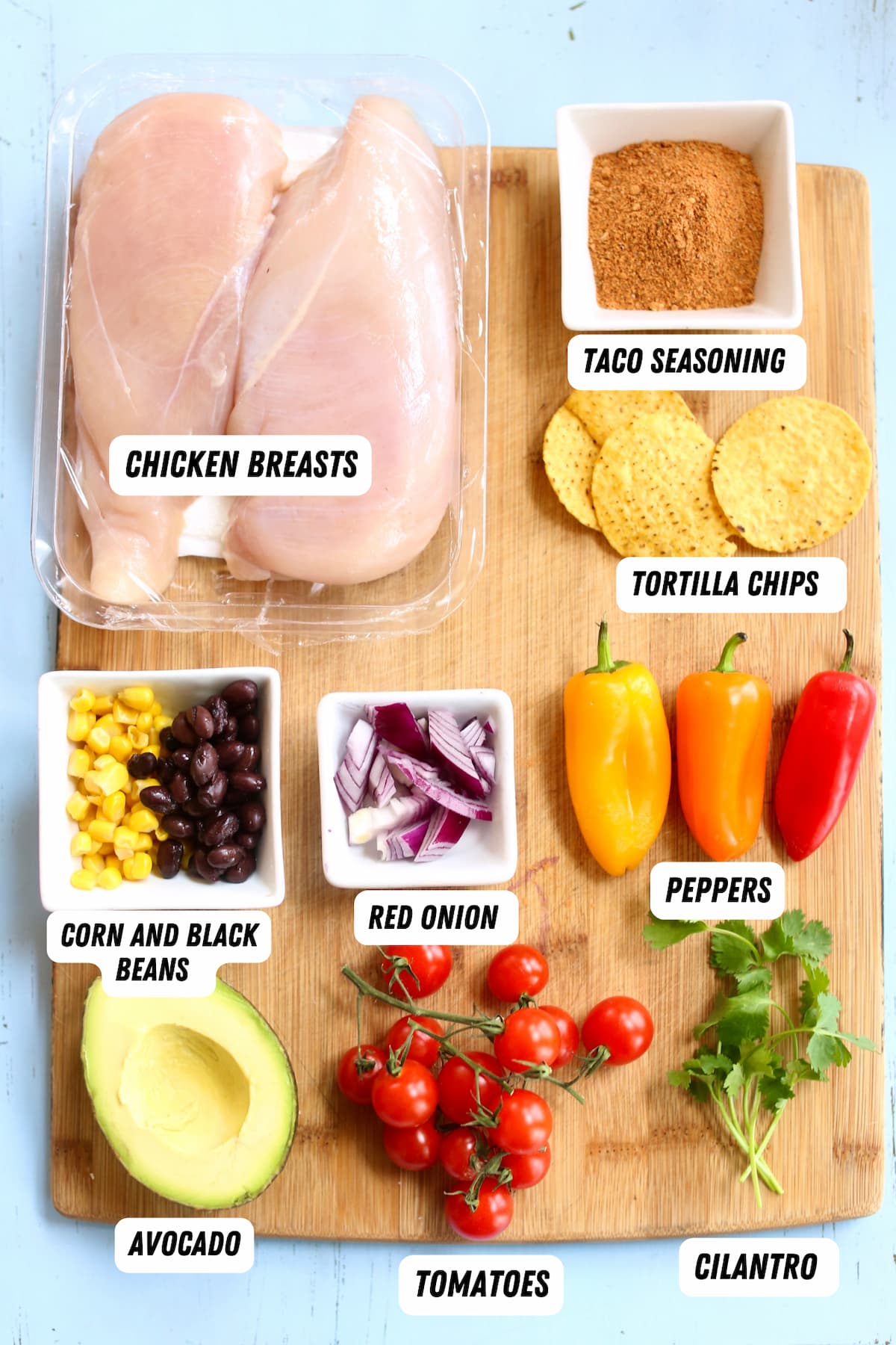 an overhead view of ingredients for santa fe chicken salad.
