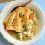 an overhead image of chicken pot pie with text overlay.