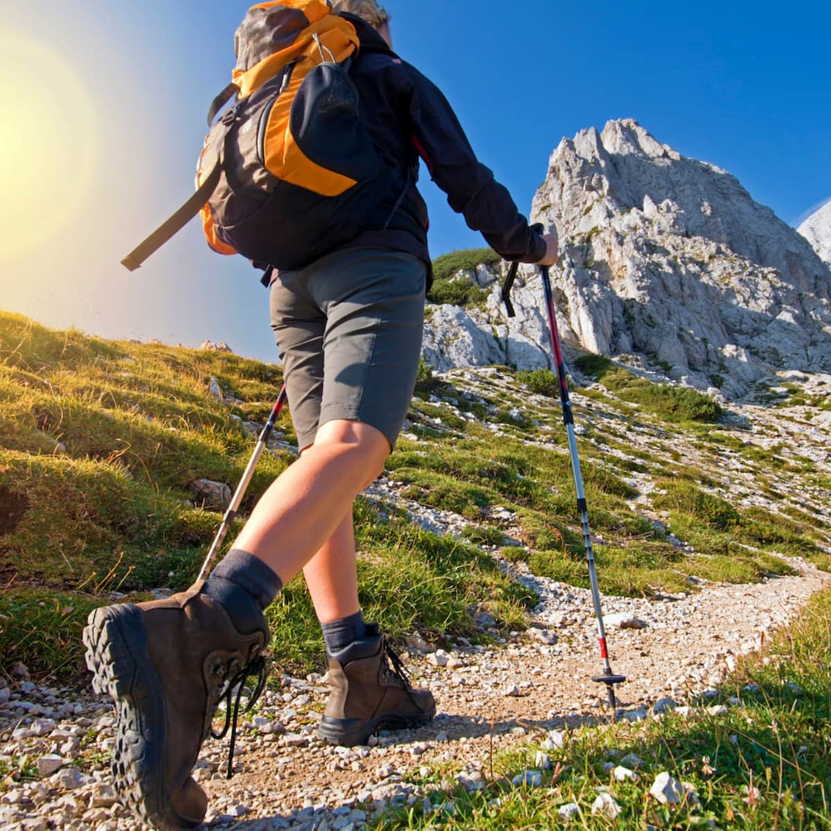 the back of a hiker going up a hill.