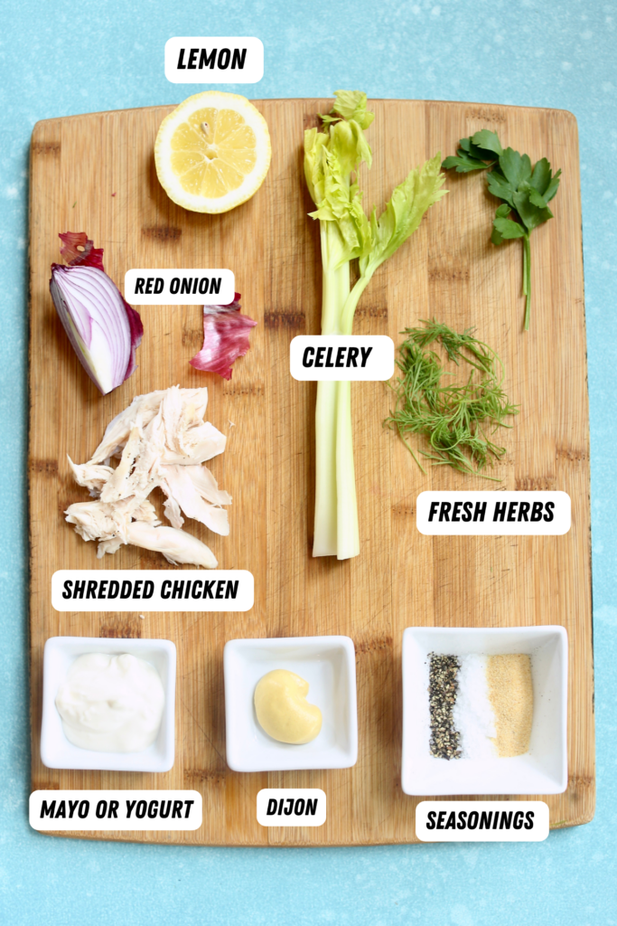Ingredients for chicken salad are marked with names of each ingredient.