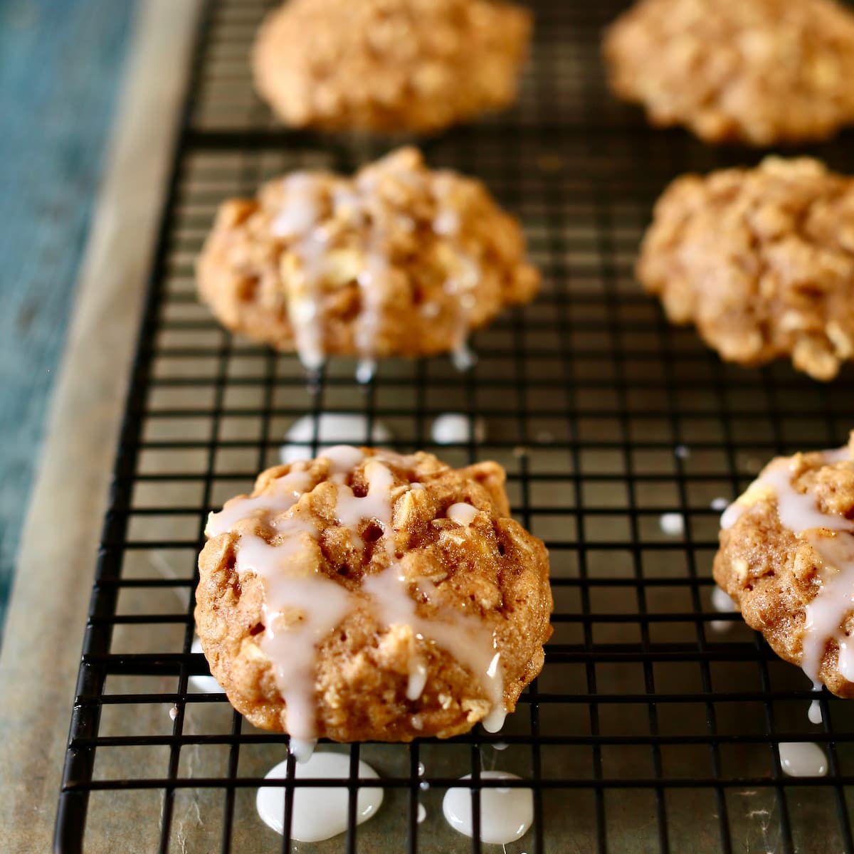 Apple butter cookies on a cooking rack.