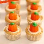 A white tray of mini pumpkin-topped cupcakes with text overlay for Pinterest.
