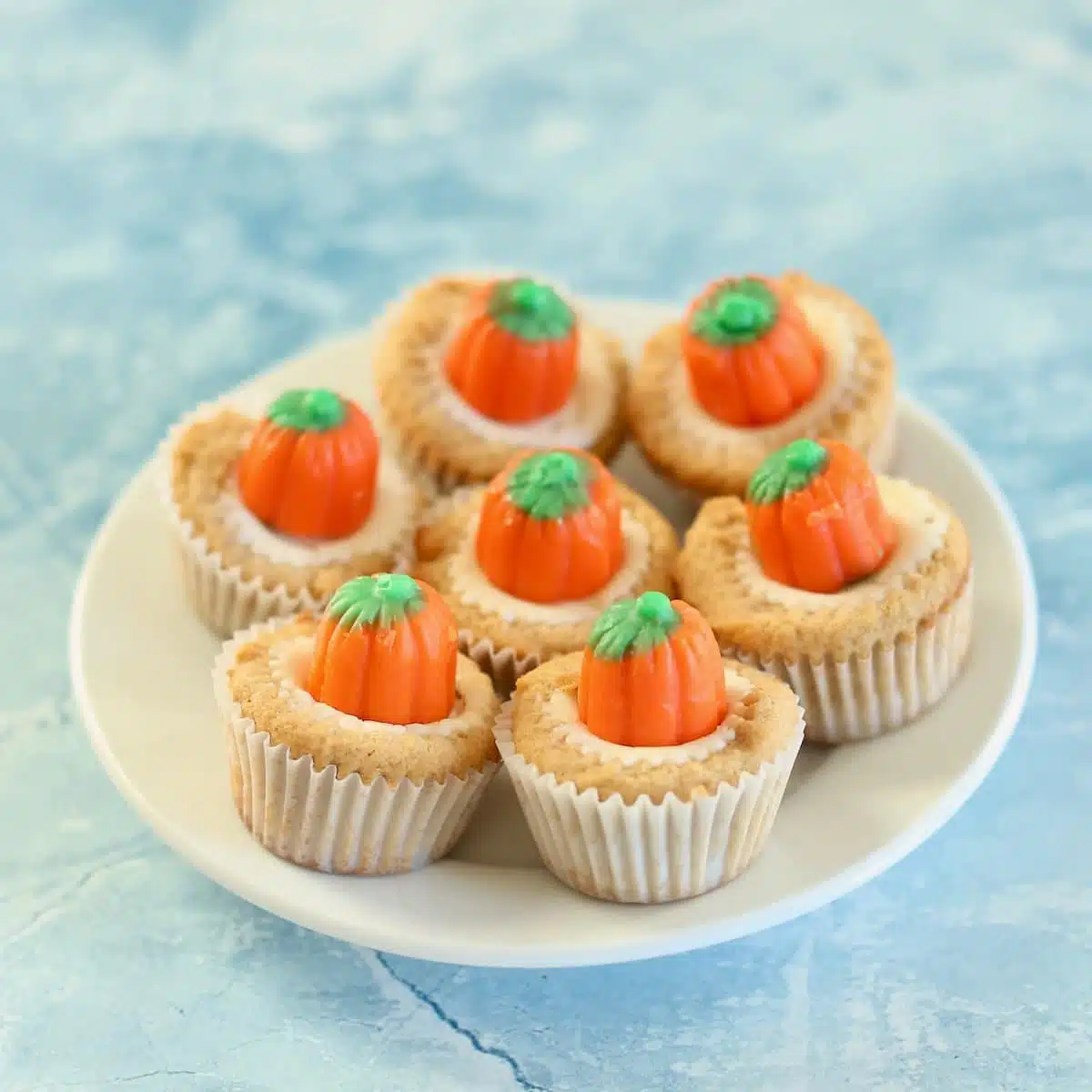 A square image of mini pumpkin cupcakes on a white dish.